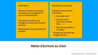Faites-Passer :
Démarrez l’écriture d’une histoire
sur scratch puis échangez de PC
avec un autre participant.
Présentations interactives :
Atelier d’écriture au choix
Poursuivez son histoire, puis
échangez à nouveau avec une autre
personne.
Répétez jusqu’à ce que l’histoire soit
terminée
• D’où venez-vous ?
• Qu’aimez-vous ?
(nourriture, musique,
films, . . .)
• Avez-vous une passion ?
un hobby ?
Présentez-vous aux autres
participants :
N’oubliez pas de mettre des
images et du son !
Julien Devriendt - CC BY-SA-NC
 