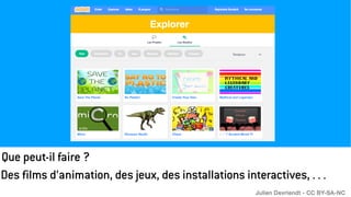 Que peut-il faire ?
Des films d’animation, des jeux, des installations interactives, . . .
Julien Devriendt - CC BY-SA-NC
Julien Devriendt - CC BY-SA-NC
 