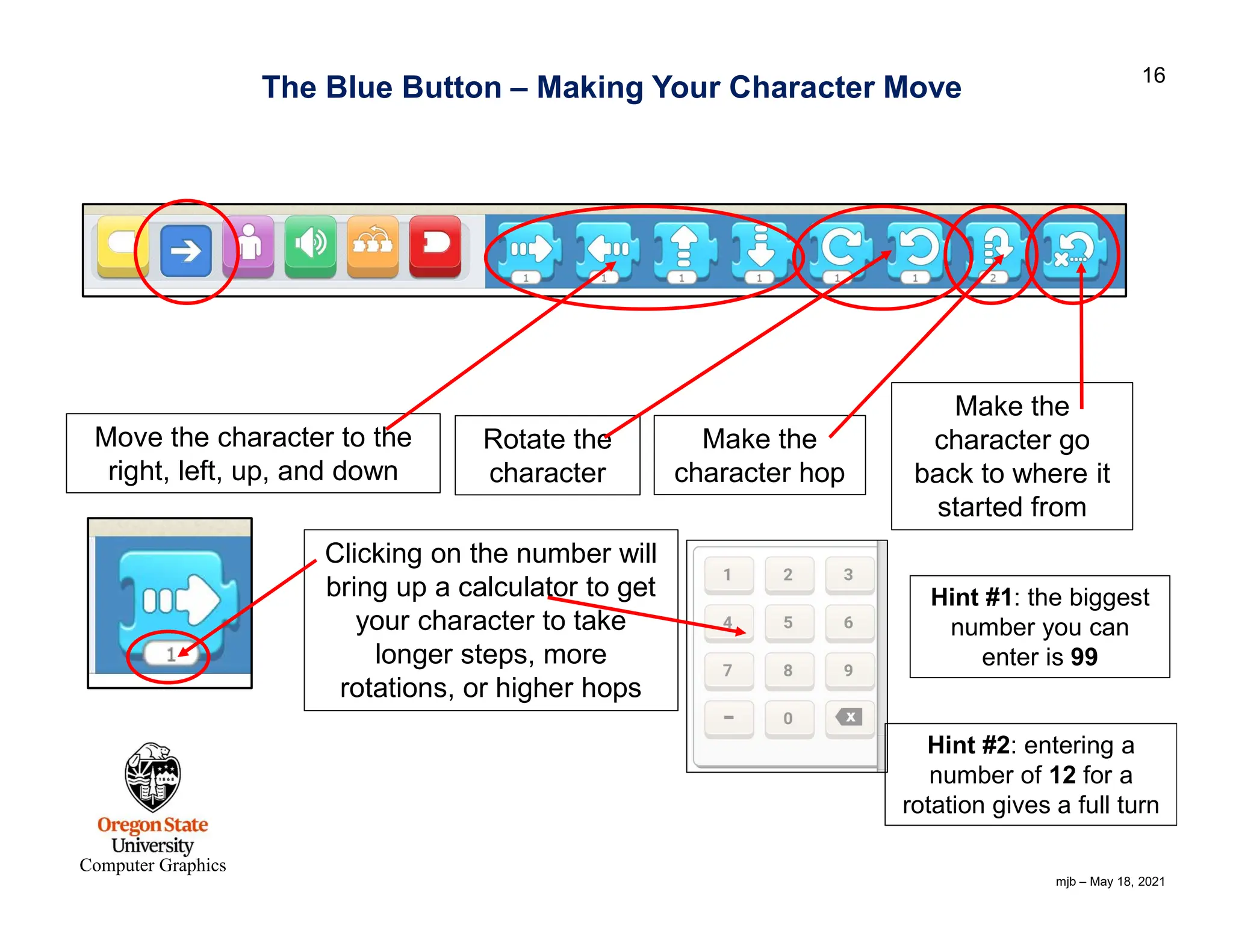 mjb – May 18, 2021 16 Computer Graphics The Blue Button – Making Your Character Move Move the character to the right, left, up, and down Rotate the character Make the character hop Make the character go back to where it started from Clicking on the number will bring up a calculator to get your character to take longer steps, more rotations, or higher hops Hint #1: the biggest number you can enter is 99 Hint #2: entering a number of 12 for a rotation gives a full turn 