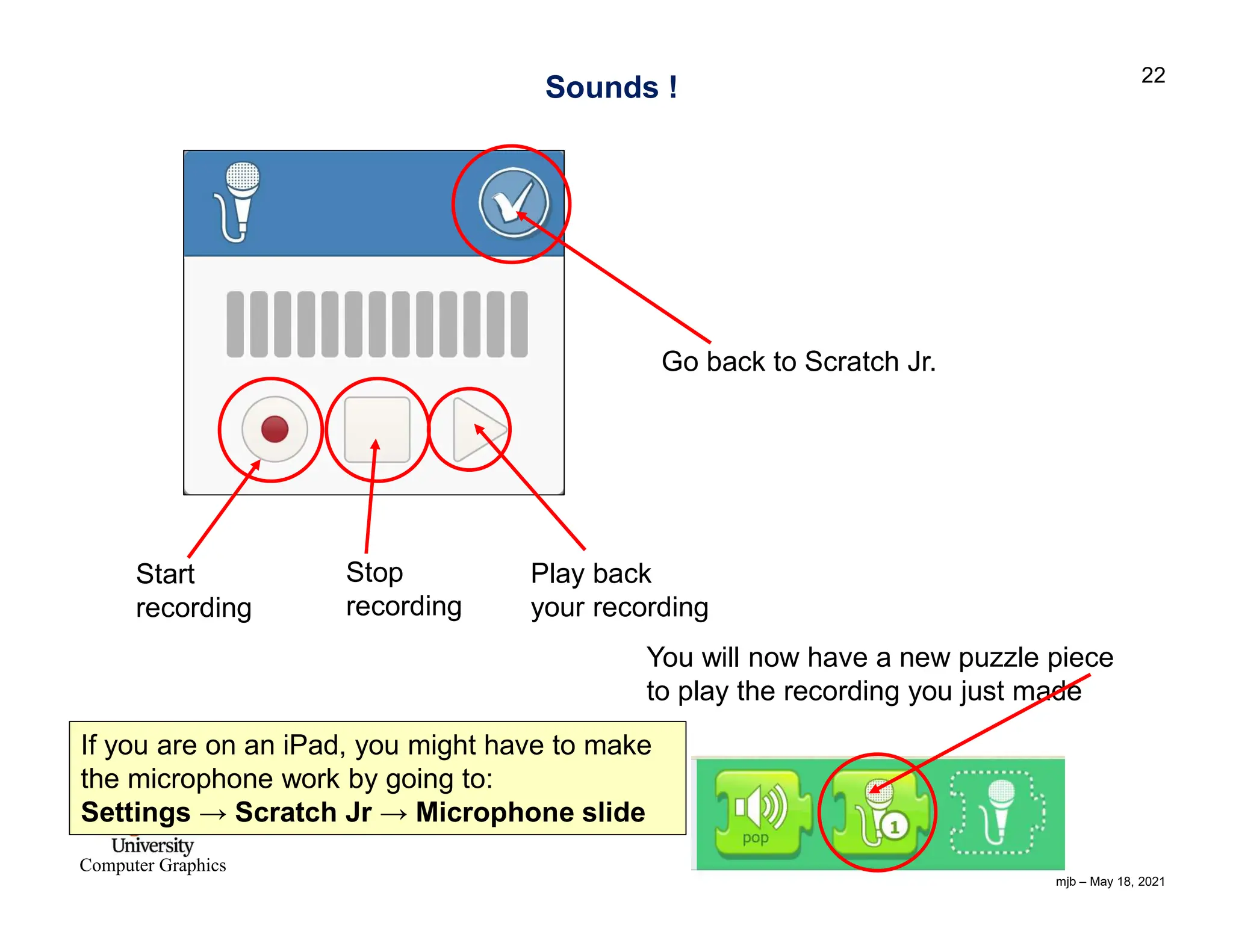 mjb – May 18, 2021 22 Computer Graphics Sounds ! Start recording Go back to Scratch Jr. Stop recording Play back your recording You will now have a new puzzle piece to play the recording you just made If you are on an iPad, you might have to make the microphone work by going to: Settings → Scratch Jr → Microphone slide 