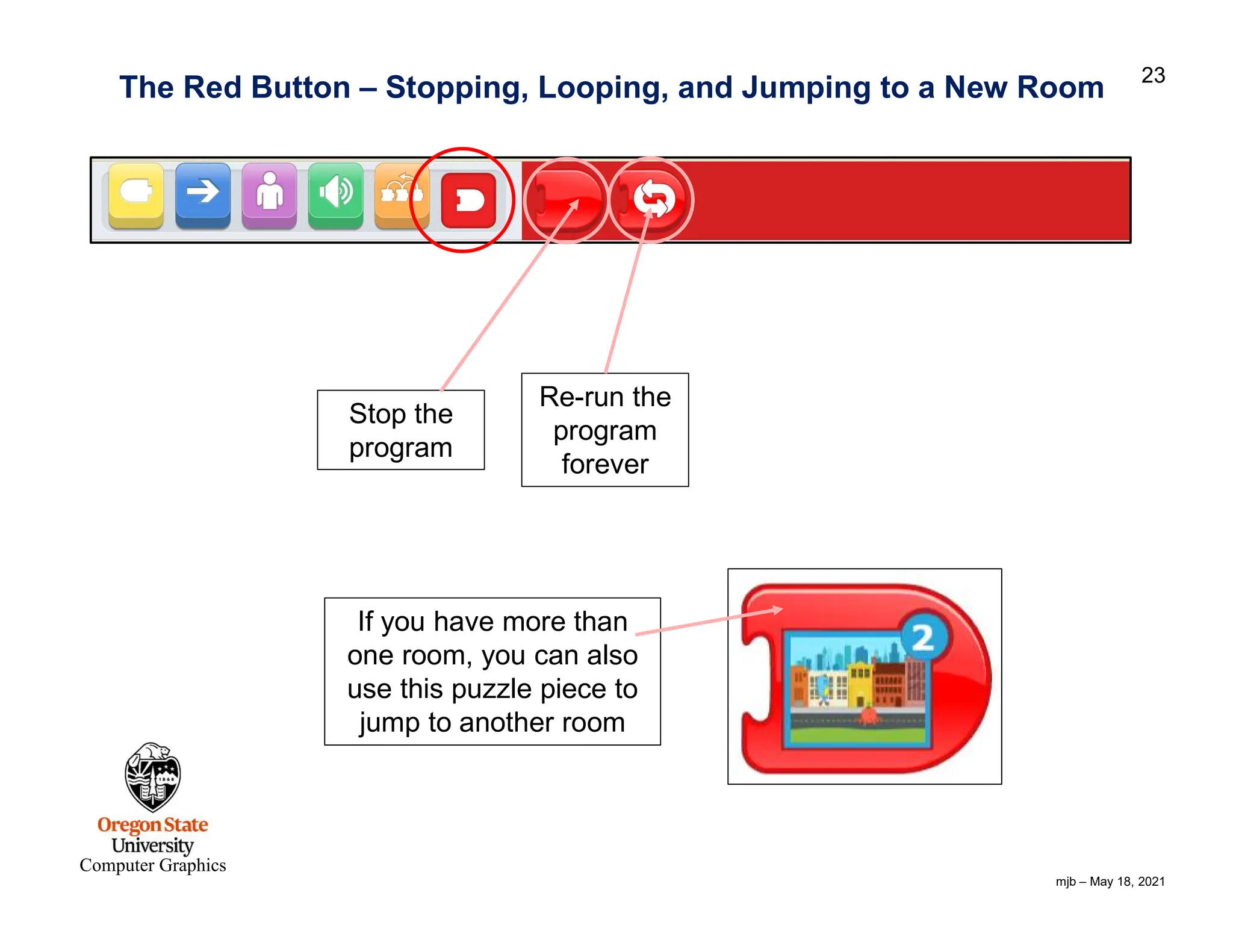 mjb – May 18, 2021 23 Computer Graphics The Red Button – Stopping, Looping, and Jumping to a New Room Stop the program Re-run the program forever If you have more than one room, you can also use this puzzle piece to jump to another room 