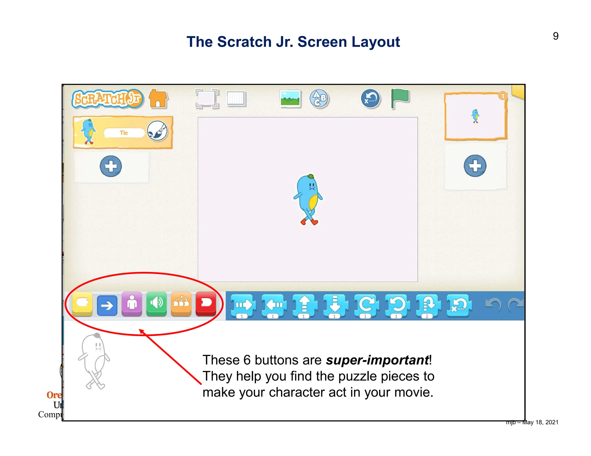 mjb – May 18, 2021 9 Computer Graphics These 6 buttons are super-important! They help you find the puzzle pieces to make your character act in your movie. The Scratch Jr. Screen Layout 