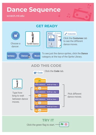 Dance Sequence
scratch.mit.edu
GET READY
Type how
long to wait
between dance
moves.
Click the Costumes tab
to see the different
dance moves.
Pick different
dance moves.
Choose a
dancer.
Ten80 Dance
Ten80 Dance
To see just the dance sprites, click the Dance
category at the top of the Sprite Library.
ADD THIS CODE
Click the Code tab.
Click the green flag to start.
TRY IT
 