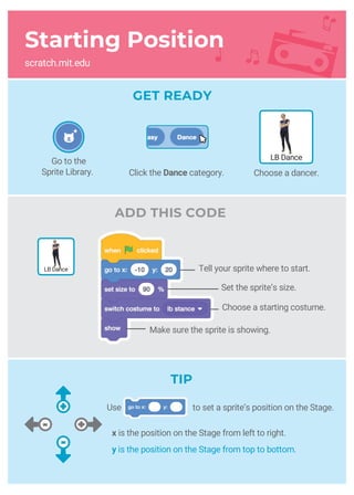 Starting Position
scratch.mit.edu
GET READY
ADD THIS CODE
Tell your sprite where to start.
Set the sprite’s size.
Use to set a sprite’s position on the Stage.
LB Dance
LB Dance
Go to the
Sprite Library. Click the Dance category. Choose a dancer.
TIP
Choose a starting costume.
Make sure the sprite is showing.
x is the position on the Stage from left to right.
y is the position on the Stage from top to bottom.
 