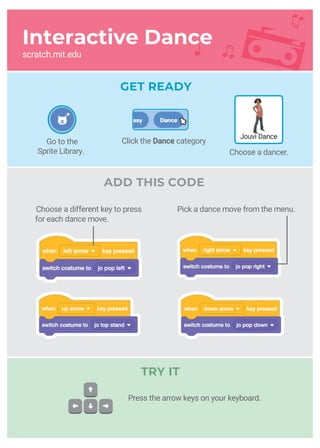 Interactive Dance
scratch.mit.edu
ADD THIS CODE
GET READY
TRY IT
Jouvi Dance
Choose a different key to press
for each dance move.
Pick a dance move from the menu.
Go to the
Sprite Library.
Click the Dance category
Choose a dancer.
Press the arrow keys on your keyboard.
 