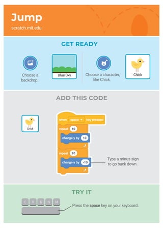 ADD THIS CODE
TRY IT
Type a minus sign
to go back down.
Press the space key on your keyboard.
GET READY
Choose a character,
like Chick.
Chick
Chick
Jump
scratch.mit.edu
Blue SkyChoose a
backdrop.
 