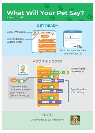 scratch.mit.edu
ADD THIS CODE
What Will Your Pet Say?
Type things for
your pet to say.
Insert the pick
random block.
Click your pet to see what it says.
GET READY
Name this variable Choice
and then click OK.
Choose Variables.
Click the Make a
Variable button.
Choic
e
Monkey
Insert the Choice
block into the equals
block from the
Operators category.
TRY IT
 