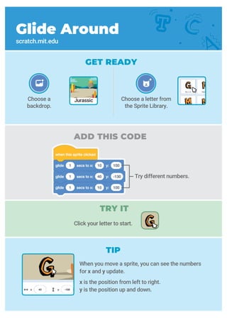 scratch.mit.edu
ADD THIS CODE
When you move a sprite, you can see the numbers
for x and y update.
x is the position from left to right.
y is the position up and down.
GET READY
Try different numbers.
Choose a
backdrop.
Choose a letter from
the Sprite Library.
Glide Around
scratch.mit.edu
Jurassic
TRY IT
TIP
Click your letter to start.
 