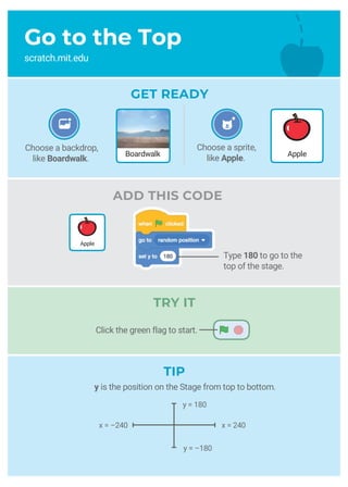 Go to the Top
scratch.mit.edu
GET READY
ADD THIS CODE
Choose a backdrop,
like Boardwalk.
Choose a sprite,
like Apple.
Apple
AppleBoardwalk
TIP
y = –180
x = 240x = –240
Type 180 to go to the
top of the stage.
Click the green flag to start.
TRY IT
y is the position on the Stage from top to bottom.
y = 180
 