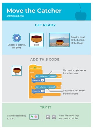 Drag the bowl
to the bottom
of the Stage.
Move the Catcher
scratch.mit.edu
GET READY
TRY IT
ADD THIS CODE
Press the arrow keys
to move the catcher.
Choose the right arrow
from the menu.
Choose the left arrow
from the menu.
BowlChoose a catcher,
like Bowl.
Bowl
Click the green flag
to start.
 