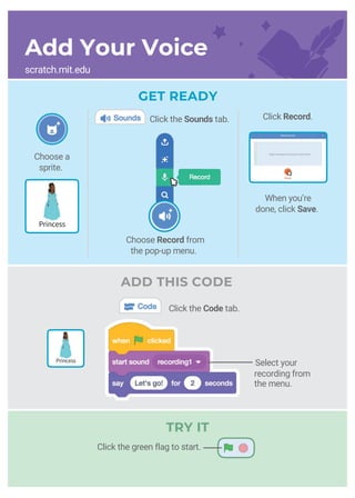 Create a Story
Choose a
sprite.
Princess
GET READY
Click Record.
__________Princess
Add Your Voice
scratch.mit.edu
When you’re
done, click Save.
Click the green flag to start.
Choose Record from
the pop-up menu.
ADD THIS CODE
TRY IT
Select your
recording from
the menu.
Click the Code tab.
Click the Sounds tab.
 