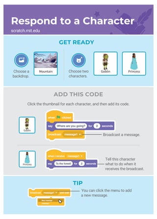 Create a Story
ADD THIS CODE
Click the thumbnail for each character, and then add its code.
GET READY
Choose two
characters.
MountainChoose a
backdrop.
Goblin
TIP
You can click the menu to add
a new message.
Respond to a Character
scratch.mit.edu
Princess
Broadcast a message.
Princess
Goblin
Tell this character
what to do when it
receives the broadcast.
 