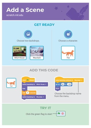 ADD THIS CODE
GET READY
Add a Scene
scratch.mit.edu
Choose two backdrops.
Fox
Choose the backdrop name
from the menu.
MountainWitch House
Choose a character.
Fox
Click the green flag to start.
TRY IT
 