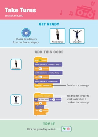 scratch.mit.edu
Take Turns
Get Ready
Try It
Add This Code
Broadcast a message.
Tell this dancer sprite
what to do when it
receives the message.
Choose two dancers
from the Dance category. Champ99
Anina Dance
Concert
Anina Dance
Champ99
Click the green flag to start.
 