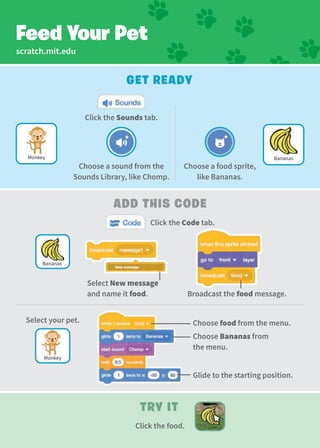 scratch.mit.edu
Get Ready
add This Code
Broadcast the food message.
Try It
Click the food.
Select New message
and name it food.
Feed Your Pet
Choose Bananas from
the menu.
Select your pet.
Glide to the starting position.
Choose a sound from the
Sounds Library, like Chomp.
Click the Sounds tab.
Choose a food sprite,
like Bananas.
Click the Code tab.
Bananas
Monkey
Bananas
Monkey
Choose food from the menu.
 