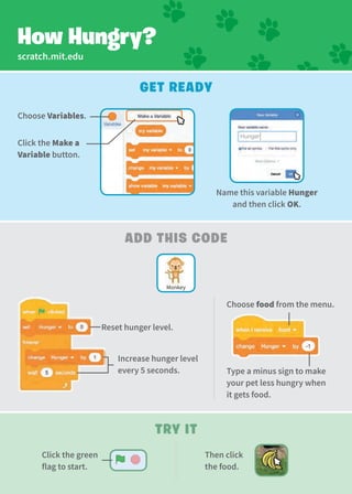 scratch.mit.edu
Get Ready
Add This Code
Try It
How Hungry?
Increase hunger level
every 5 seconds.
Reset hunger level.
Name this variable Hunger
and then click OK.
Choose Variables.
Click the Make a
Variable button.
Hunger
Then click
the food.
Click the green
flag to start.
Monkey
Type a minus sign to make
your pet less hungry when
it gets food.
Choose food from the menu.
 