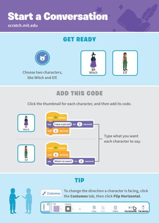 Tip
To change the direction a character is facing, click
the Costumes tab, then click Flip Horizontal.
add This Code
Start a Conversation
Get Ready
Choose two characters,
like Witch and Elf.
Elf
Witch
Elf
Witch
Type what you want
each character to say.
scratch.mit.edu
Click the thumbnail for each character, and then add its code.
 