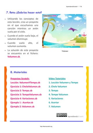 AprendiendoScratch / 118




    7. Reto: ¿Sabrías hacer esto?
•    Utilizando  los  conceptos  de 
     esta lección, crea un proyecto 
     en  el  que  escuchamos  una 
     canción  mientras  un  avión 
     vuela por el cielo. 
•    Cuando el avión vuela bajo, el 
     volumen disminuye. 
•    Cuando  vuela  alto,          el 
     volumen aumenta. 
•    La  solución  de  este  proyecto                                  Volumen
     se  encuentra  en  el  fichero: 
     Volumen.sb.  




       8. Materiales
        Proyectos Scratch:                               Video Tutoriales 
        Lección: VolumenYTempo.sb                        1. Lección Volumen y Tempo 
        Ejercicio 1: CheloVolumen.sb                     2. Chelo Volumen 
        Ejercicio 2: Tempo.sb                            3. Tempo 
        Ejercicio 3: TempoVolumen.sb                     4. Tempo Volumen 
        Ejercicio 4: Variaciones.sb                      5. Variaciones 
        Ejemplo 1 : Acertar.sb                           6. Acertar 
        Ejemplo 2: Volumen.sb                            7. Volumen 
         




                                         http://learnscratch.org
 