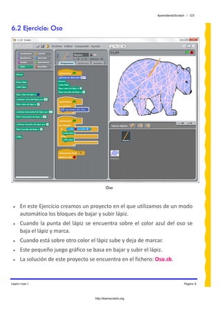 AprendiendoScratch / 123



6.2 Ejercicio: Oso




                                                Oso



 •   En este Ejercicio creamos un proyecto en el que utilizamos de un modo 
     automático los bloques de bajar y subir lápiz. 
 •   Cuando  la  punta  del  lápiz  se  encuentra  sobre  el  color  azul  del  oso  se 
     baja el lápiz y marca. 
 •   Cuando está sobre otro color el lápiz sube y deja de marcar. 
 •   Este pequeño juego gráfico se basa en bajar y subir el lápiz. 
 •   La solución de este proyecto se encuentra en el fichero: Oso.sb.  


Lápiz—Lec.1                                                                            Página 5



                                        http://learnscratch.org
 