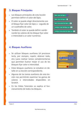AprendiendoScratch / 128



3. Bloques Principales
•   Los bloques principales de esta lección 
    permiten definir el color del lápiz. 
•   El color se puede elegir directamente con 
    el bloque fijar color de lápiz a ‐ seguido de 
    un cuadradito de color. 
•   También el color se puede definir combi‐
    nando los valores de los bloque fijar color 
    e intensidad a un valor numérico.




4. Bloques Auxiliares

•   Se  utilizan  bloques  auxiliares  (al  presionar 
    tecla,  por  siempre,  repetir,  detener  todo, 
    etc.)  para  realizar  tareas  complementarias 
    que  permitan  ilustrar  mejor  el  uso  de  los 
    bloques fijar color e intensidad. 
•   Estos bloques auxiliares se estudian en de‐
    talle en su lección correspondiente. 
•   Algunas de las tareas auxiliares de esta lec‐
    ción nos permitirán examinar las gamas de 
    colores  e  intensidades  disponibles  en 
    Scratch.  
•   En  los  Video  Tutoriales  se  explica  el  fun‐
    cionamiento de todos los bloques. 




Página 2                                                                              Color



                                 http://learnscratch.org
 