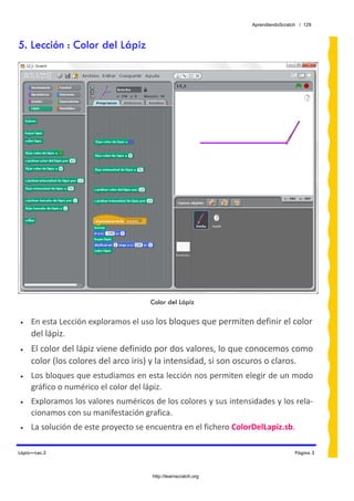 AprendiendoScratch / 129



5. Lección : Color del Lápiz




                                      Color del Lápiz
 
•    En esta Lección exploramos el uso los bloques que permiten definir el color 
     del lápiz. 
•    El color del lápiz viene definido por dos valores, lo que conocemos como 
     color (los colores del arco iris) y la intensidad, si son oscuros o claros. 
•    Los bloques que estudiamos en esta lección nos permiten elegir de un modo 
     gráfico o numérico el color del lápiz. 
•    Exploramos los valores numéricos de los colores y sus intensidades y los rela‐
     cionamos con su manifestación grafica. 
•    La solución de este proyecto se encuentra en el fichero ColorDelLapiz.sb.  

Lápiz—Lec.2                                                                        Página 3



                                       http://learnscratch.org
 