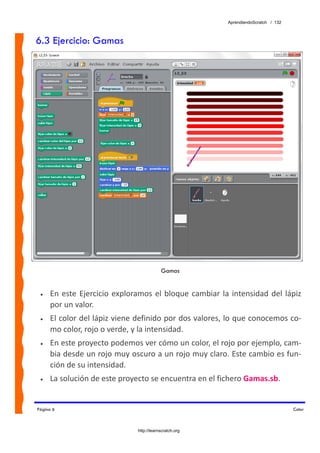 AprendiendoScratch / 132



6.3 Ejercicio: Gamas




                                             Gamas


 •   En  este  Ejercicio  exploramos  el  bloque  cambiar  la  intensidad  del  lápiz 
     por un valor.  
 •   El color del lápiz viene definido por dos valores, lo que conocemos co‐
     mo color, rojo o verde, y la intensidad. 
 •   En este proyecto podemos ver cómo un color, el rojo por ejemplo, cam‐
     bia desde un rojo muy oscuro a un rojo muy claro. Este cambio es fun‐
     ción de su intensidad. 
 •   La solución de este proyecto se encuentra en el fichero Gamas.sb.  


Página 6                                                                                Color



                                 http://learnscratch.org
 