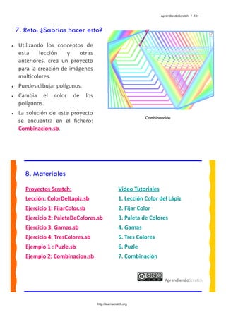 AprendiendoScratch / 134




    7. Reto: ¿Sabrías hacer esto?
•    Utilizando  los  conceptos  de 
     esta  lección  y  otras 
     anteriores,  crea  un  proyecto 
     para  la  creación  de  imágenes 
     multicolores. 
•    Puedes dibujar polígonos. 
•    Cambia  el  color  de  los 
     polígonos. 
•    La  solución  de  este  proyecto 
                                                                     Combinanción
     se  encuentra  en  el  fichero: 
     Combinacion.sb.  




       8. Materiales
        Proyectos Scratch:                               Video Tutoriales 
        Lección: ColorDelLapiz.sb                        1. Lección Color del Lápiz 
        Ejercicio 1: FijarColor.sb                       2. Fijar Color 
        Ejercicio 2: PaletaDeColores.sb                  3. Paleta de Colores 
        Ejercicio 3: Gamas.sb                            4. Gamas 
        Ejercicio 4: TresColores.sb                      5. Tres Colores 
        Ejemplo 1 : Puzle.sb                             6. Puzle 
        Ejemplo 2: Combinacion.sb                        7. Combinación 
         




                                         http://learnscratch.org
 