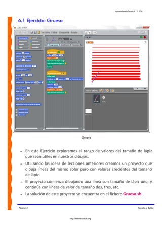 AprendiendoScratch / 138



6.1 Ejercicio: Grueso




                                            Grueso



 •   En  este  Ejercicio  exploramos  el  rango  de  valores  del  tamaño  de  lápiz 
     que sean útiles en nuestros dibujos. 
 •   Utilizando  las  ideas  de  lecciones  anteriores  creamos  un  proyecto  que 
     dibuja  líneas  del  mismo  color  pero  con  valores  crecientes  del  tamaño 
     de lápiz. 
 •   El  proyecto  comienza  dibujando una  línea  con tamaño de lápiz uno, y 
     continúa con líneas de valor de tamaño dos, tres, etc. 
 •   La solución de este proyecto se encuentra en el fichero Grueso.sb.  


Página 4                                                                        Tamaño y Sellar



                                http://learnscratch.org
 
