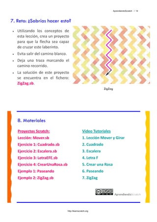 AprendiendoScratch / 14




7. Reto: ¿Sabrías hacer esto?
•   Utilizando  los  conceptos  de 
    esta lección, crea un proyecto 
    para  que  la  flecha  sea  capaz 
    de cruzar este laberinto. 
•   Evita salir del camino blanco. 
•   Deja  una  traza  marcando  el 
    camino recorrido. 
•   La  solución  de  este  proyecto 
    se  encuentra  en  el  fichero: 
    ZigZag.sb.  
                                                                   ZigZag




    8. Materiales
    Proyectos Scratch:                              Video Tutoriales  
    Lección: Mover.sb                               1. Lección Mover y Girar 
    Ejercicio 1: Cuadrado.sb                        2. Cuadrado 
    Ejercicio 2: Escalera.sb                        3. Escalera 
    Ejercicio 3: LetraEFE.sb                        4. Letra F 
    Ejercicio 4: CrearUnaRosa.sb                    5. Crear una Rosa 
    Ejemplo 1: Paseando                             6. Paseando 
    Ejemplo 2: ZigZag.sb                            7. ZigZag 
     




                                    http://learnscratch.org
 