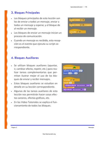 AprendiendoScratch / 176



3. Bloques Principales
•   Los bloques principales de esta lección son 
    los de enviar a todos un mensaje, enviar a 
    todos un mensaje y esperar, y el bloque de 
    al recibir un mensaje. 
•   Los bloques de enviar un mensaje inician un 
    proceso de comunicación.
•   Cuando un mensaje es recibido, esta recep‐
    ción es el evento que ejecuta su script co‐
    rrespondiente.


4. Bloques Auxiliares

•   Se  utilizan  bloques  auxiliares  (apuntar, 
    ir, cambiar efecto, repetir, etc.) para rea‐
    lizar  tareas  complementarias  que  per‐
    mitan  ilustrar  mejor  el  uso  de  los  blo‐
    ques de enviar y recibir mensajes. 
•   Estos  bloques  auxiliares  se  estudian  en 
    detalle en su lección correspondiente. 
•   Algunas de las tareas auxiliares de esta 
    lección nos permitirán hacer cosas efec‐
    tos sonoros, efectos gráficos, etc. 
•   En los Video Tutoriales se explica el fun‐
    cionamiento de todos los bloques. 




Página 2                                                                              Mensajes



                                 http://learnscratch.org
 