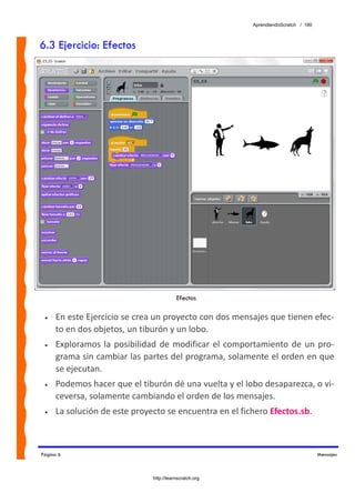 AprendiendoScratch / 180



6.3 Ejercicio: Efectos




                                          Efectos

 •   En este Ejercicio se crea un proyecto con dos mensajes que tienen efec‐
     to en dos objetos, un tiburón y un lobo. 
 •   Exploramos  la  posibilidad  de  modificar  el  comportamiento  de  un  pro‐
     grama sin cambiar las partes del programa, solamente el orden en que 
     se ejecutan. 
 •   Podemos hacer que el tiburón dé una vuelta y el lobo desaparezca, o vi‐
     ceversa, solamente cambiando el orden de los mensajes. 
 •   La solución de este proyecto se encuentra en el fichero Efectos.sb.  



Página 6                                                                             Mensajes



                               http://learnscratch.org
 