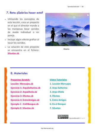 AprendiendoScratch / 182




    7. Reto: ¿Sabrías hacer esto?
•    Utilizando  los  conceptos  de 
     esta lección, crea un proyecto 
     en el que el director mande a 
     las  mariposas  tocar  sonidos 
     de  modo  individual  o  en 
     pareja. 
•    Incluye algún efecto grafico al 
     tocar los sonidos. 
•    La  solución  de  este  proyecto 
                                                                        Siluetas
     se  encuentra  en  el  fichero: 
     Siluetas.sb.  




       8. Materiales
        Proyectos Scratch:                               Video Tutoriales 
        Lección: Mensajes.sb                             1. Lección Mensajes 
        Ejercicio 1: ArpaSaltarina.sb                    2. Arpa Saltarina 
        Ejercicio 2: ArpaChelo.sb                        3. Arpa Chelo 
        Ejercicio 3: Efectos.sb                          4. Efectos 
        Ejercicio 4: EntreAmigos.sb                      5. Entre Amigos 
        Ejemplo 1 : EnElBosque.sb                        6. En el Bosque 
        Ejemplo 2: Siluetas.sb                           7. Siluetas 
         




                                         http://learnscratch.org
 