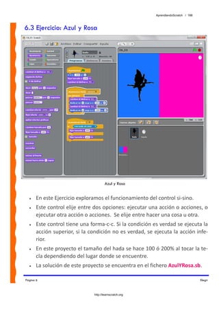 AprendiendoScratch / 188



6.3 Ejercicio: Azul y Rosa




                                        Azul y Rosa


  •    En este Ejercicio exploramos el funcionamiento del control si‐sino. 
  •    Este control elije entre dos opciones: ejecutar una acción o acciones, o 
       ejecutar otra acción o acciones.  Se elije entre hacer una cosa u otra. 
  •    Este control tiene una forma‐c‐c. Si la condición es verdad se ejecuta la 
       acción superior, si la condición no es verdad, se ejecuta la acción infe‐
       rior. 
  •    En este proyecto el tamaño del hada se hace 100 ó 200% al tocar la te‐
       cla dependiendo del lugar donde se encuentre. 
  •    La solución de este proyecto se encuentra en el fichero AzulYRosa.sb.  

Página 6                                                                             Elegir



                                http://learnscratch.org
 