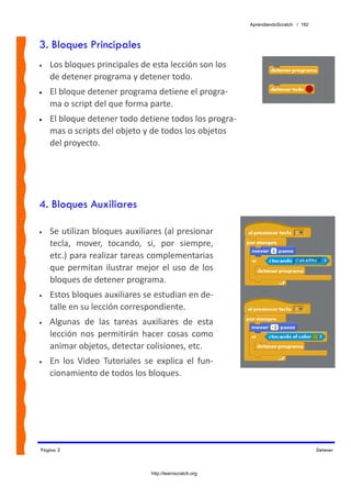 AprendiendoScratch / 192



3. Bloques Principales
•   Los bloques principales de esta lección son los 
    de detener programa y detener todo.  
•   El bloque detener programa detiene el progra‐
    ma o script del que forma parte.
•   El bloque detener todo detiene todos los progra‐
    mas o scripts del objeto y de todos los objetos 
    del proyecto.




4. Bloques Auxiliares

•   Se utilizan bloques auxiliares (al presionar 
    tecla,  mover,  tocando,  si,  por  siempre, 
    etc.) para realizar tareas complementarias 
    que  permitan  ilustrar  mejor  el  uso  de  los 
    bloques de detener programa. 
•   Estos bloques auxiliares se estudian en de‐
    talle en su lección correspondiente. 
•   Algunas  de  las  tareas  auxiliares  de  esta 
    lección  nos  permitirán  hacer  cosas  como 
    animar objetos, detectar colisiones, etc. 
•   En  los  Video  Tutoriales  se  explica  el  fun‐
    cionamiento de todos los bloques. 




Página 2                                                                               Detener



                                  http://learnscratch.org
 