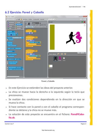 AprendiendoScratch / 195



6.2 Ejercicio: Pared y Caballo




                                        Pared y Caballo


 •   En este Ejercicio se extienden las ideas del proyecto anterior. 
 •   La  chica  se  mueve  hacia  la  derecha  o  la  izquierda  según  la  tecla  que 
     presionemos.  
 •   Se  evalúan  dos  condiciones  dependiendo  en  la  dirección  en  que  se 
     mueva la chica.  
 •   Si hace contacto con la pared o con el caballo el programa correspon‐
     diente se detiene y la chica no se mueve más. 
 •   La  solución  de  este  proyecto  se  encuentra  en  el  fichero:  ParedYCaba‐
     llo.sb.  

Control—Lec.7                                                                         Página 5



                                        http://learnscratch.org
 