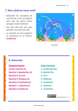 AprendiendoScratch / 22




    7. Reto: ¿Sabrías hacer esto?
•    Utilizando  los  conceptos  de 
     esta lección, crea un proyecto 
     para  que  los  peces  azules 
     persigan al pez multicolor. 
•    Haz  que  cada  pez  azul  vaya 
     dejando una estela de color. 
•    La  solución  de  este  proyecto 
     se  encuentra  en  el  fichero: 
     CazaPez.sb.  

                                                                      Caza Pez




       8. Materiales
        Proyectos Scratch:                               Video Tutoriales 
        Lección: Apuntar.sb                              1. Lección Apuntar 
        Ejercicio 1: ApuntarTres.sb                      2. ApuntarTres 
        Ejercicio 2: Cruz.sb                             3.  Cruz 
        Ejercicio 3: Mariposa.sb                         4.  Mariposa 
        Ejercicio 4: CazaPelota.sb                       5.  CazaPelota 
        Ejemplo 1 : Laberinto.sb                         6.  Laberinto 
        Ejemplo 2: CazaPez.sb                            7.  CazaPelota 
         




                                         http://learnscratch.org
 