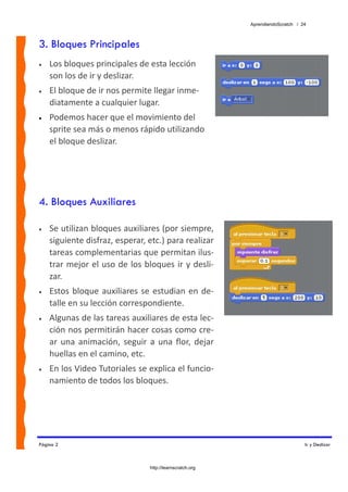 AprendiendoScratch / 24



3. Bloques Principales
•   Los bloques principales de esta lección 
    son los de ir y deslizar.  
•   El bloque de ir nos permite llegar inme‐
    diatamente a cualquier lugar. 
•   Podemos hacer que el movimiento del 
    sprite sea más o menos rápido utilizando 
    el bloque deslizar.




4. Bloques Auxiliares

•   Se utilizan bloques auxiliares (por siempre, 
    siguiente disfraz, esperar, etc.) para realizar 
    tareas complementarias que permitan ilus‐
    trar mejor el uso de los bloques ir y desli‐
    zar. 
•   Estos  bloque  auxiliares  se  estudian  en  de‐
    talle en su lección correspondiente. 
•   Algunas de las tareas auxiliares de esta lec‐
    ción nos permitirán hacer cosas como cre‐
    ar  una  animación,  seguir  a  una  flor,  dejar 
    huellas en el camino, etc. 
•   En los Video Tutoriales se explica el funcio‐
    namiento de todos los bloques. 




Página 2                                                                          Ir y Deslizar



                                  http://learnscratch.org
 
