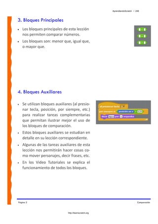 AprendiendoScratch / 248



3. Bloques Principales
•   Los bloques principales de esta lección 
    nos permiten comparar números.
•   Los bloques son: menor que, igual que, 
    o mayor que.




4. Bloques Auxiliares

•   Se utilizan bloques auxiliares (al presio‐
    nar  tecla,  posición,  por  siempre,  etc.) 
    para  realizar  tareas  complementarias 
    que  permitan  ilustrar  mejor  el  uso  de 
    los bloques de comparación. 
•   Estos bloques auxiliares se estudian en 
    detalle en su lección correspondiente. 
•   Algunas de las tareas auxiliares de esta 
    lección nos permitirán hacer cosas co‐
    mo mover personajes, decir frases, etc. 
•   En  los  Video  Tutoriales  se  explica  el 
    funcionamiento de todos los bloques. 




Página 2                                                                         Comparación



                                 http://learnscratch.org
 