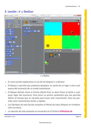 AprendiendoScratch / 25



5. Lección : Ir y Deslizar




                                           Ir y Deslizar
 
•    En esta Lección exploramos el uso de los bloques ir y deslizar. 
•    El bloque ir permite que podamos desplazar un sprite de un lugar a otro cual‐
     quiera del escenario de un modo instantáneo. 
•    El bloque deslizar tiene el mismo efecto final, es decir llevar al sprite a cual‐
     quier  lugar  del  escenario.  Pero  tiene  un  primer  parámetro  que  nos  permite 
     definir el tiempo que se necesita para hacer este movimiento. Esto nos per‐
     mite crear movimientos lentos y rápidos. 
•    Los Ejemplos de esta lección estudian el efecto de estos bloques en combina‐
     ción con otros. 
•    La solución de este proyecto se encuentra en el fichero IrYDeslizar.sb.  

Movimiento—Lec.3                                                                        Página 3



                                         http://learnscratch.org
 
