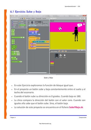 AprendiendoScratch / 250



6.1 Ejercicio: Sube y Baja




                                       Sube y Baja



 •   En este Ejercicio exploramos la función de bloque igual que. 
 •   En el proyecto un balón sube y baja constantemente entre el suelo y el 
     techo del escenario. 
 •   Cuando el balón sube su dirección es 0 grados. Cuando baja es 180. 
 •   La chica compara la dirección del balón con el valor cero. Cuando son 
     iguales ella sabe que el balón sube. Sino, el balón baja. 
 •   La solución de este proyecto se encuentra en el fichero SubeYBaja.sb.  


Página 4                                                                      Comparación



                              http://learnscratch.org
 