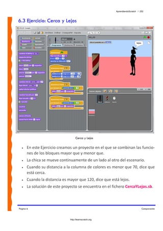 AprendiendoScratch / 252



6.3 Ejercicio: Cerca y Lejos




                                    Cerca y Lejos

  •    En este Ejercicio creamos un proyecto en el que se combinan las funcio‐
       nes de los bloques mayor que y menor que. 
  •    La chica se mueve continuamente de un lado al otro del escenario. 
  •    Cuando su distancia a la columna de colores es menor que 70, dice que 
       está cerca. 
  •    Cuando la distancia es mayor que 120, dice que está lejos. 
  •    La solución de este proyecto se encuentra en el fichero CercaYLejos.sb.  



Página 6                                                                       Comparación



                               http://learnscratch.org
 