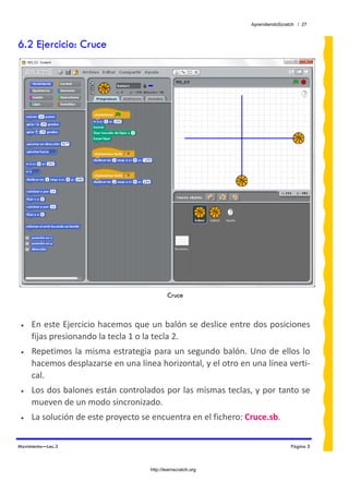 AprendiendoScratch / 27



6.2 Ejercicio: Cruce




                                              Cruce



 •   En este Ejercicio hacemos que un balón se deslice entre dos posiciones 
     fijas presionando la tecla 1 o la tecla 2.  
 •   Repetimos  la  misma  estrategia  para  un  segundo  balón.  Uno  de  ellos  lo 
     hacemos desplazarse en una línea horizontal, y el otro en una línea verti‐
     cal. 
 •   Los dos balones están controlados por las mismas teclas, y por tanto se 
     mueven de un modo sincronizado. 
 •   La solución de este proyecto se encuentra en el fichero: Cruce.sb.  


Movimiento—Lec.3                                                                   Página 5



                                      http://learnscratch.org
 