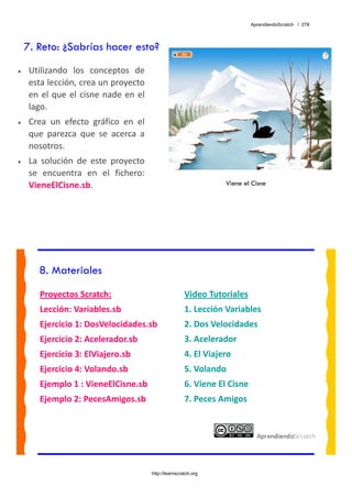 AprendiendoScratch / 278




    7. Reto: ¿Sabrías hacer esto?
•    Utilizando  los  conceptos  de 
     esta lección, crea un proyecto 
     en  el  que  el  cisne  nade  en  el 
     lago. 
•    Crea  un  efecto  gráfico  en  el 
     que  parezca  que  se  acerca  a 
     nosotros. 
•    La  solución  de  este  proyecto 
     se  encuentra  en  el  fichero: 
     VieneElCisne.sb.                                                   Viene el Cisne




        8. Materiales
        Proyectos Scratch:                                   Video Tutoriales 
        Lección: Variables.sb                                1. Lección Variables 
        Ejercicio 1: DosVelocidades.sb                       2. Dos Velocidades 
        Ejercicio 2: Acelerador.sb                           3. Acelerador 
        Ejercicio 3: ElViajero.sb                            4. El Viajero 
        Ejercicio 4: Volando.sb                              5. Volando 
        Ejemplo 1 : VieneElCisne.sb                          6. Viene El Cisne  
        Ejemplo 2: PecesAmigos.sb                            7. Peces Amigos 
         




                                             http://learnscratch.org
 
