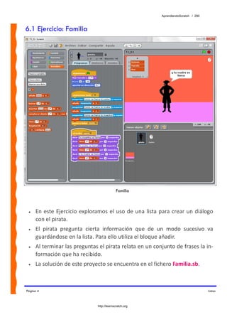 AprendiendoScratch / 290



6.1 Ejercicio: Familia




                                               Familia



 •   En  este  Ejercicio  exploramos  el  uso  de  una  lista  para  crear  un  diálogo 
     con el pirata. 
 •   El  pirata  pregunta  cierta  información  que  de  un  modo  sucesivo  va 
     guardándose en la lista. Para ello utiliza el bloque añadir. 
 •   Al terminar las preguntas el pirata relata en un conjunto de frases la in‐
     formación que ha recibido. 
 •   La solución de este proyecto se encuentra en el fichero Familia.sb.  



Página 4                                                                                  Listas



                                 http://learnscratch.org
 