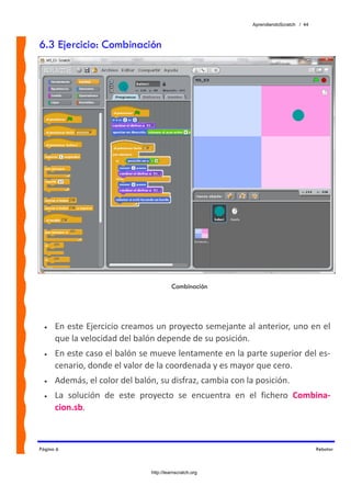 AprendiendoScratch / 44



6.3 Ejercicio: Combinación




                                          Combinación




  •   En este Ejercicio creamos un proyecto semejante al anterior, uno en el 
      que la velocidad del balón depende de su posición. 
  •   En este caso el balón se mueve lentamente en la parte superior del es‐
      cenario, donde el valor de la coordenada y es mayor que cero. 
  •   Además, el color del balón, su disfraz, cambia con la posición. 
  •   La  solución  de  este  proyecto  se  encuentra  en  el  fichero  Combina‐
      cion.sb.  



Página 6                                                                             Rebotar



                                http://learnscratch.org
 