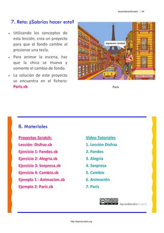 AprendiendoScratch / 54




    7. Reto: ¿Sabrías hacer esto?
•    Utilizando  los  conceptos  de 
     esta lección, crea un proyecto 
     para  que  el  fondo  cambie  al 
     presionar una tecla. 
•    Para  animar  la  escena,  haz 
     que  la  chica  se  mueva  y 
     comente el cambio de fondo. 
•    La  solución  de  este  proyecto 
     se  encuentra  en  el  fichero: 
     Paris.sb.                                                           Paris




       8. Materiales
        Proyectos Scratch:                               Video Tutoriales 
        Lección: Disfraz.sb                              1. Lección Disfraz 
        Ejercicio 1: Fondos.sb                           2. Fondos 
        Ejercicio 2: Alegria.sb                          3. Alegría 
        Ejercicio 3: Sorpresa.sb                         4. Sorpresa 
        Ejercicio 4: Cambio.sb                           5. Cambio 
        Ejemplo 1 : Animacion.sb                         6. Animación 
        Ejemplo 2: Paris.sb                              7. Paris 
         




                                         http://learnscratch.org
 