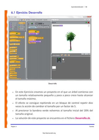 AprendiendoScratch / 66



6.1 Ejercicio: Desarrollo




                                            Desarrollo



  •   En este Ejercicio creamos un proyecto en el que un árbol comienza con 
      un tamaño relativamente pequeño y poco a poco crece hasta alcanzar 
      el tamaño máximo. 
  •   El  efecto  se  consigue  repitiendo  en  un  bloque  de  control  repetir  diez 
      veces la acción de cambiar el tamaño por un factor de 5. 
  •   Al  presionar  la  bandera  verde  volvemos  al  tamaño  inicial  del  20%  del 
      tamaño original. 
  •   La solución de este proyecto se encuentra en el fichero Desarrollo.sb.  


Página 4                                                                                 Tamaño



                                  http://learnscratch.org
 