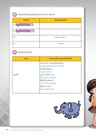 แบบฝึกทักษะ การเขียนโปรแกรม Scratch เพื่อส่งเสริมความคิดสร้างสรรค์36
5 เขียนสคริปต์หรือระบุชนิดเครื่องดนตรี ลงในตารางต่อไปนี้
6 เขียนสคริปต์สร้างเพลง
สคริปต์ ชนิดเครื่องดนตรี
5.1
5.2
5.3 Electric Piano 1
5.4 Trumpet
เพลง ส่วนของเนื้อเพลงและโน้ตดนตรี
เพลงช้าง	
ช้าง ช้าง ช้าง น้องเคยเห็นช้างรึเปล่า
ซอล ซอล ซอล ซอล มี เร มี ซอล โด
ช้างมันตัวโตไม่เบา
ซอล มี เร มี โด เร
จมูกยาวๆเรียกว่า งวง
โด ลา โด โด ลา ซอล โด
มีเขี้ยวใต้งวงเรียกว่างา
โด ลา โด โด ลา ซอล โด
มีหู มีตา หางยาว
ซอล ลา ซอล มี เร โด
 