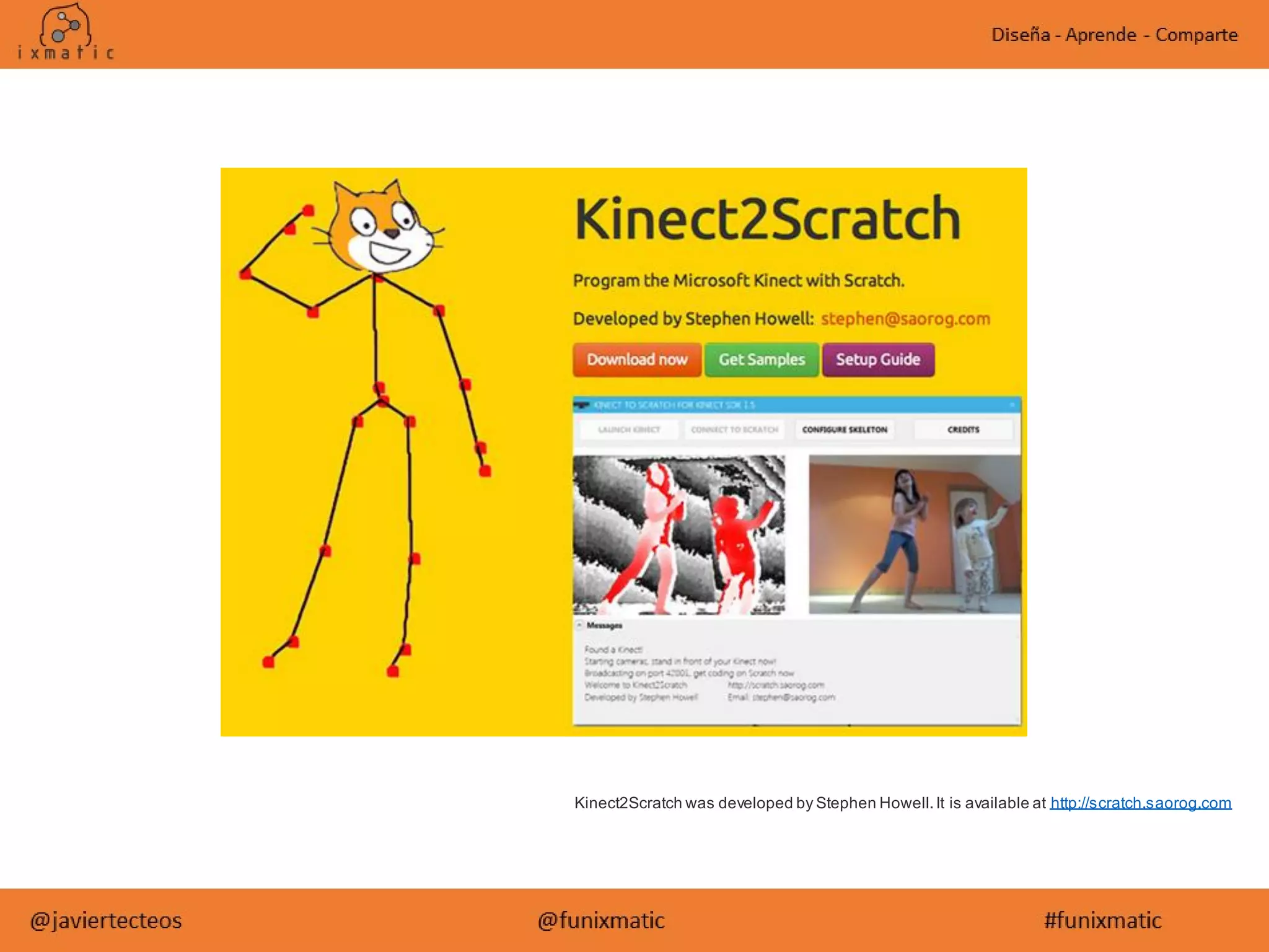 Kinect2Scratch was developed by Stephen Howell.It is available at http://scratch.saorog.com
 