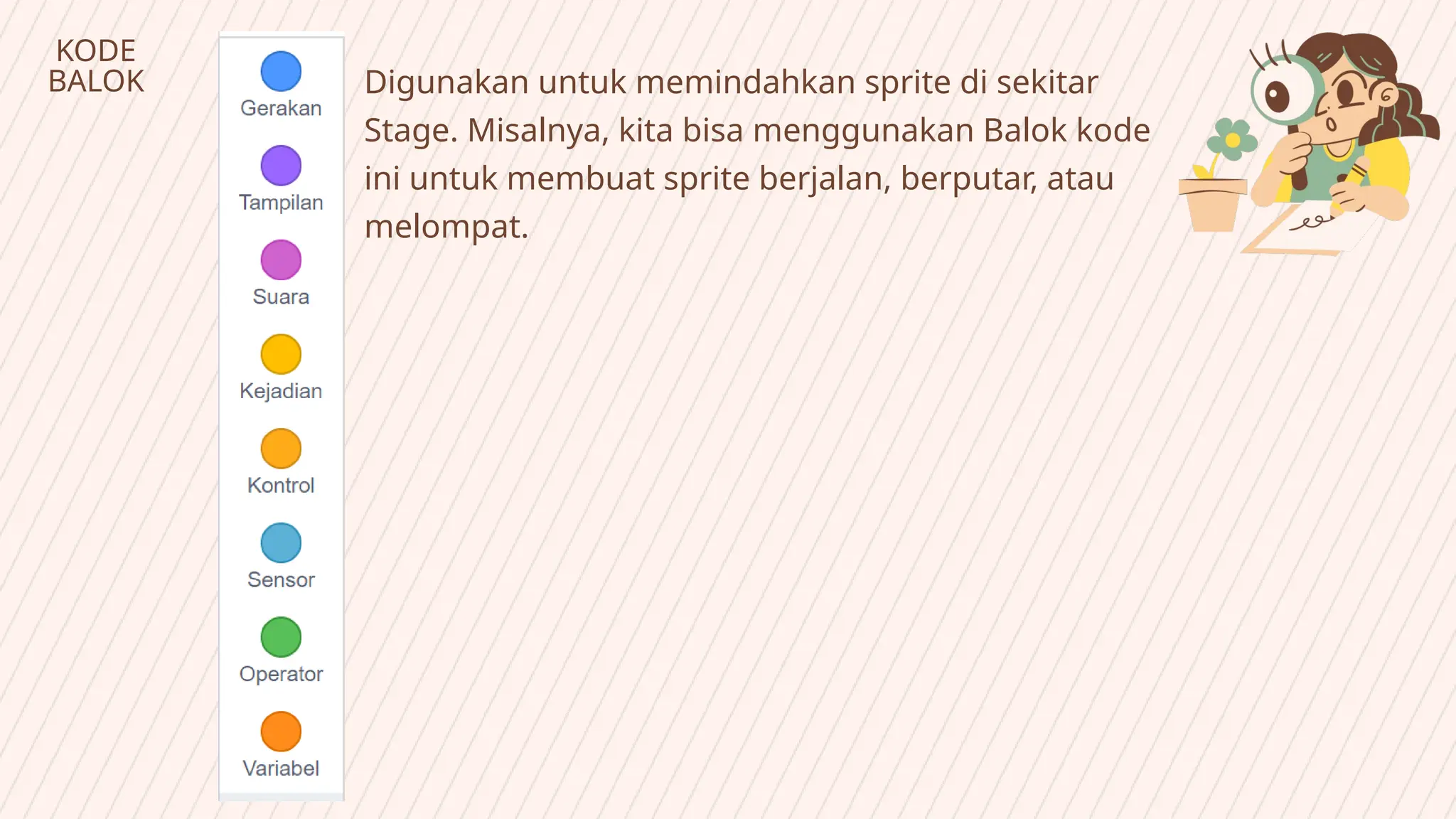 KODE
BALOK Digunakan untuk memindahkan sprite di sekitar
Stage. Misalnya, kita bisa menggunakan Balok kode
ini untuk membuat sprite berjalan, berputar, atau
melompat.
 